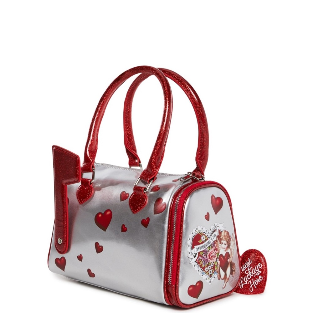 Dolls Kill Silver and Red Heart-Patterned Women's Bag - Picture 1 of 8